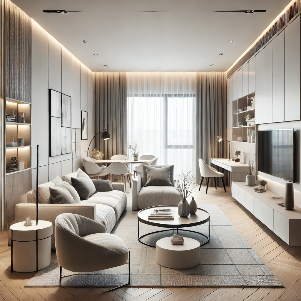 A modern and elegant living room interior with a sleek design, featuring a combination of contemporary furniture and smart space utilization. The room