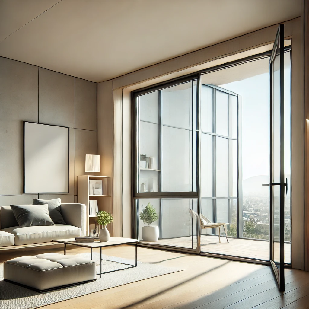 A modern and sleek aluminum window installed in a contemporary living space. The window should have a slim, durable aluminum frame with large glass pa
