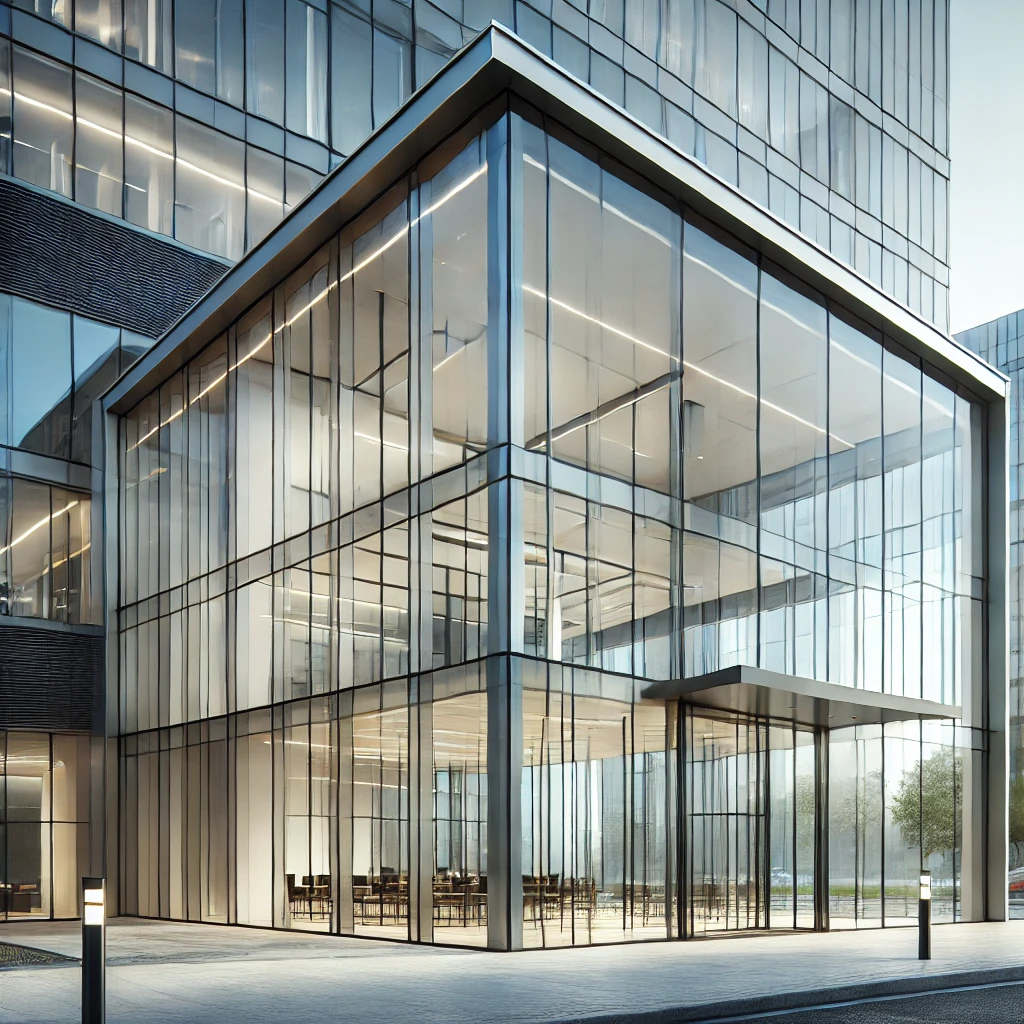 A modern commercial building with large glass windows showcasing sleek glazing work. The glazing should feature clean, reflective glass panels with mi