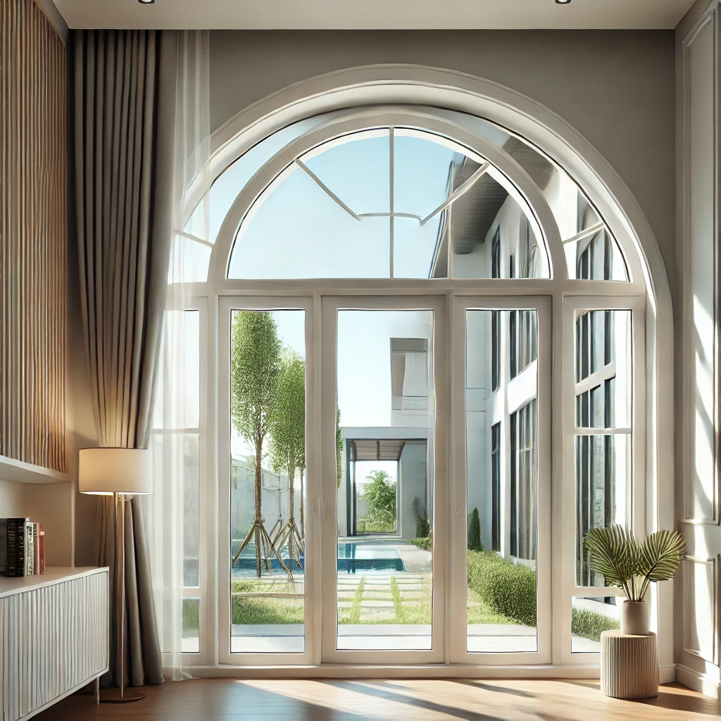 A modern home featuring elegant uPVC arch windows with white frames. The arched windows should be positioned prominently, allowing natural light to fl