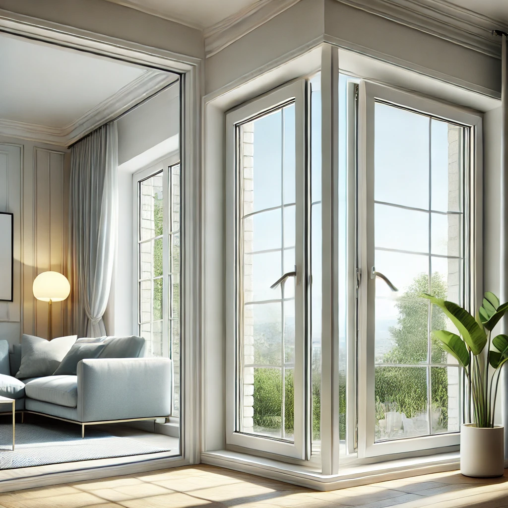 A modern home interior showcasing sleek uPVC Tilt and Turn Windows with white frames. The windows are shown in both tilt and turn positions, highlight