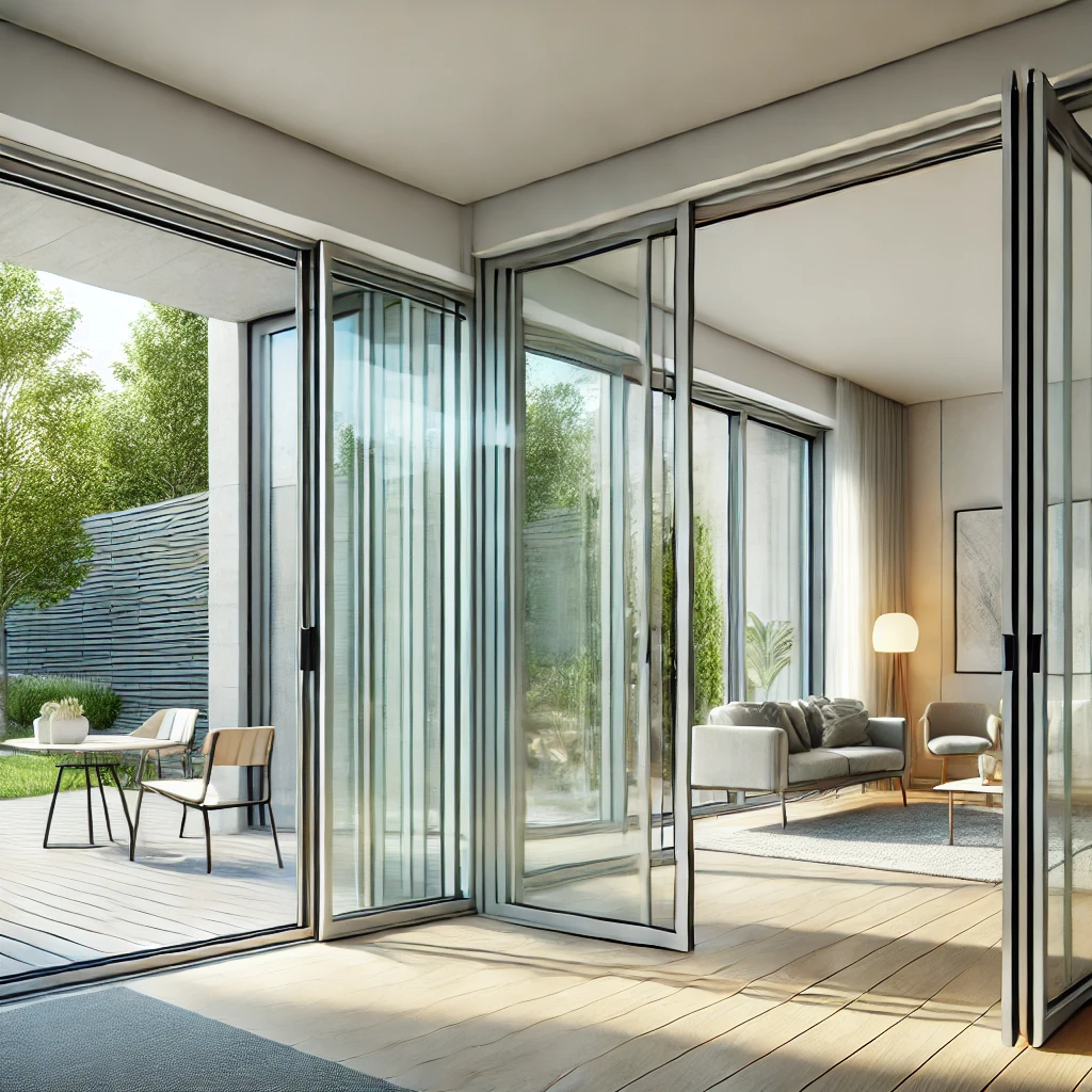 A modern living space with sleek uPVC sliding doors leading to a patio or garden. The sliding doors should feature large glass panels within slim, whi