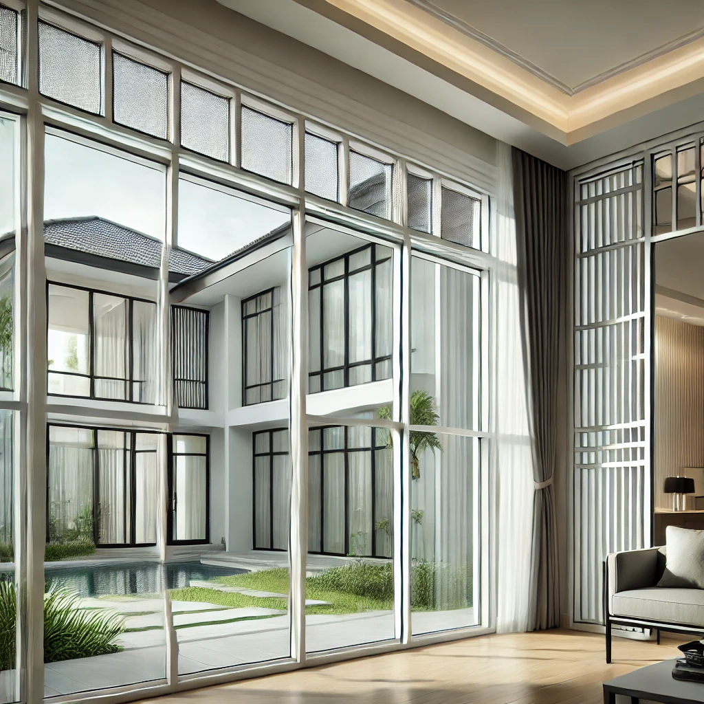 A modern villa showcasing uPVC Villa Windows with a built-in mesh and sturdy grill. The windows should feature white uPVC frames with large glass pane