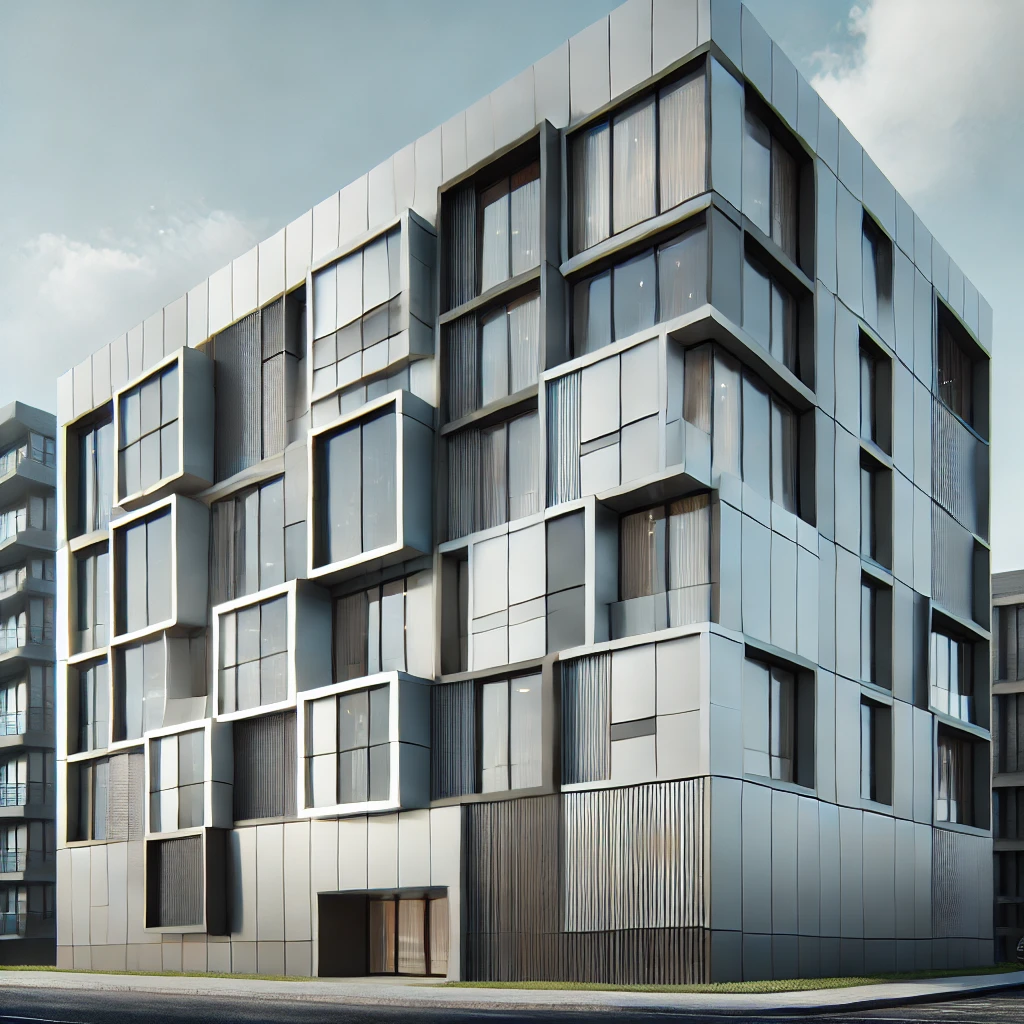A sleek and modern building facade featuring Aluminium Composite Panel (ACP) cladding. The ACP panels should have a clean, smooth finish with a mix of
