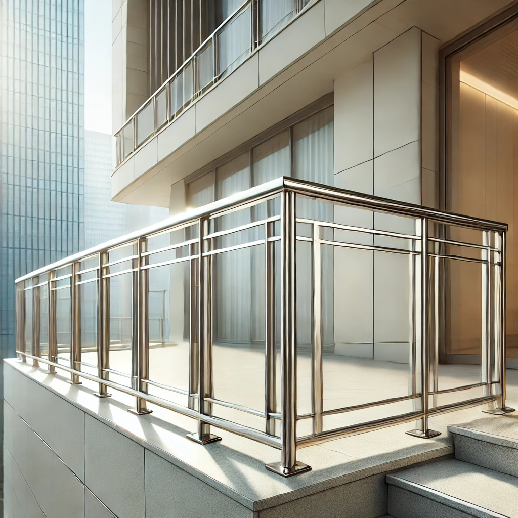 A sleek, modern stainless steel railing installed on an outdoor balcony, showcasing polished metal bars with a minimalist design. The railing should h
