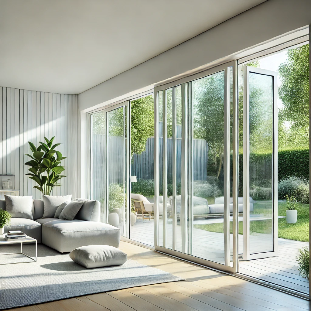 DALL·E 2024-09-28 13.58.18 - A modern living room featuring sleek uPVC sliding windows with white frames and large glass panels. The windows should smoothly slide open, showcasing