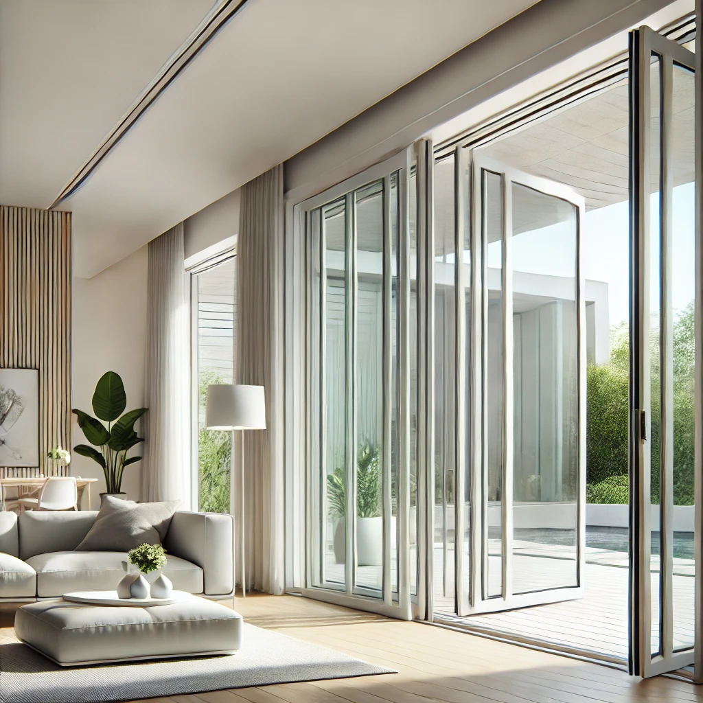DALL·E 2024-09-28 14.41.21 - A modern living room featuring sleek uPVC Slide and Fold Doors. The doors should have slim white uPVC frames with large glass panels, folding neatly t